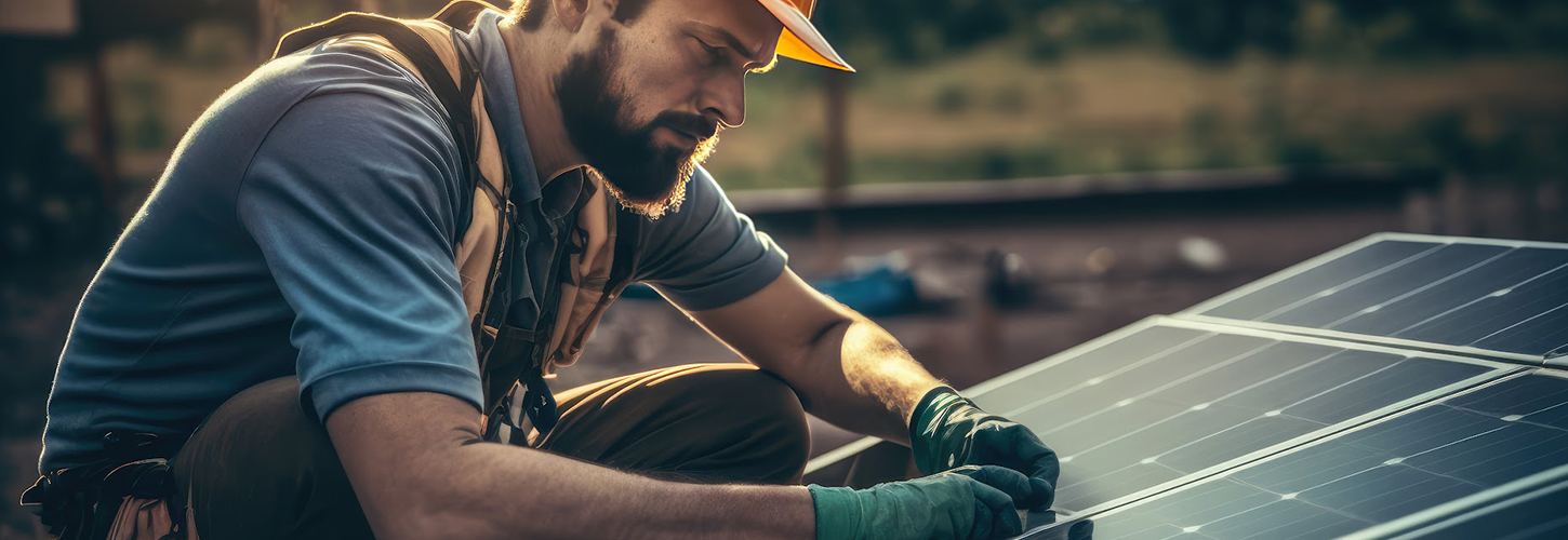 Man worker installing solar photovoltaic panels on roof. Generative AI